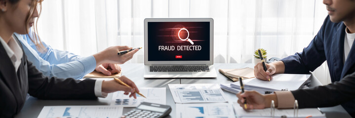 Business intelligence and data analysis concept. Analyst team working on financial data analysis dashboard on laptop screen as marketing indication for effective business strategic planning. Insight