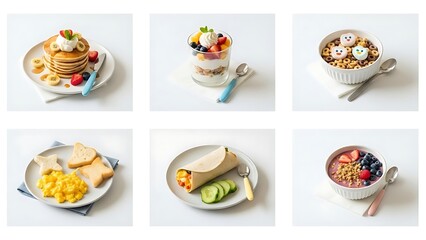 Breakfast foods pancakes cereal burrito and oatmeal on white