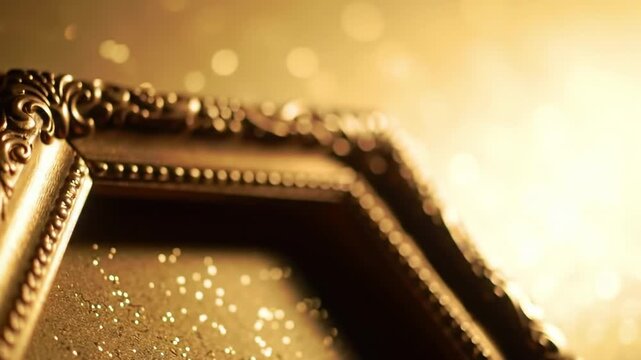 A close-up of a decorative, ornate golden picture frame