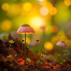 Fototapeta premium Grzybek z rodziny grzybówka w jesiennej scenerii z rozmytym tłem