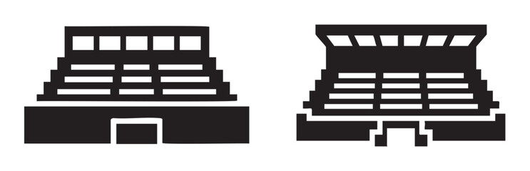 Ancient temple structures with stepped designs are depicted as minimalist black silhouettes, representing historical architecture and cultural heritage.