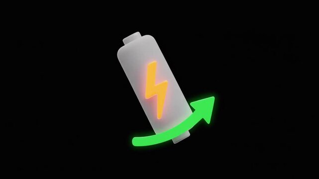 A stylized battery icon with a central lightning bolt and a green upward arrow curving around it, set against a black background to represent charging and energy increase.