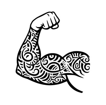 Muscular arm flexing strength illustration with tribal tattoo pattern design.
