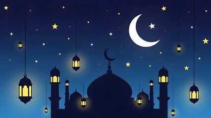 A serene mosque silhouette under a starry night sky with hanging lanterns and a crescent moon shining brightly