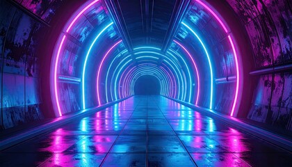 Futuristic Tunnel With Pink And Blue Neon Lights Reflecting On Wet Floor And Metal Walls With Distressed Texture