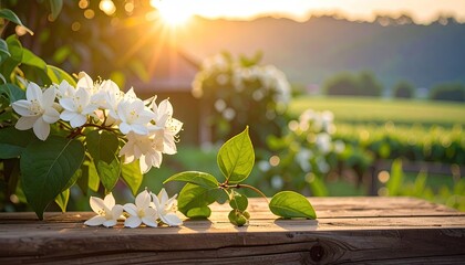 Gentle White Jasmine Flowers Bloom in Warm Golden Sunlight Over Rustic Wooden Table with Vineyard Background