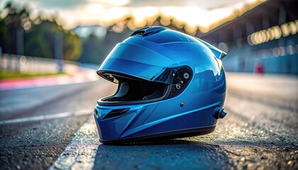 Glossy Blue Motorcycle Racing Helmet Rests on Wet Asphalt Track During Golden Hour Sunset with Bokeh Lights in Background