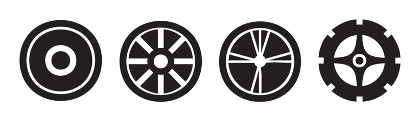 Obraz premium Four different wheel icons representing various designs for automotive, industrial, and mechanical concepts in a minimalist black and white vector illustration.