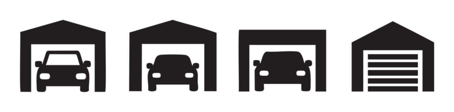 Garage car parking icons set vector illustration depicting various styles of vehicle storage and protection for automotive and property concepts.