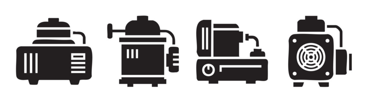 Four different air compressors vector icon set illustration representing various types of industrial pumps and machinery for pneumatic systems.