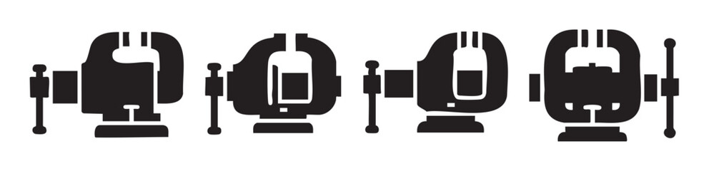 Obraz premium Bench vises tool equipment icons set in a row, showcasing various simple black silhouette designs of the essential workshop clamping device.