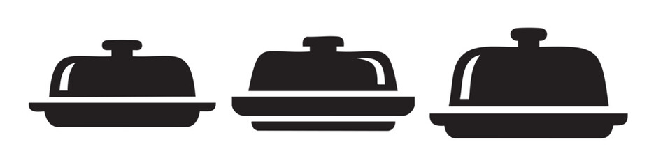 Three food cloches icons representing restaurant service and dining, symbolizing culinary presentation and hospitality in a minimalist black silhouette design.