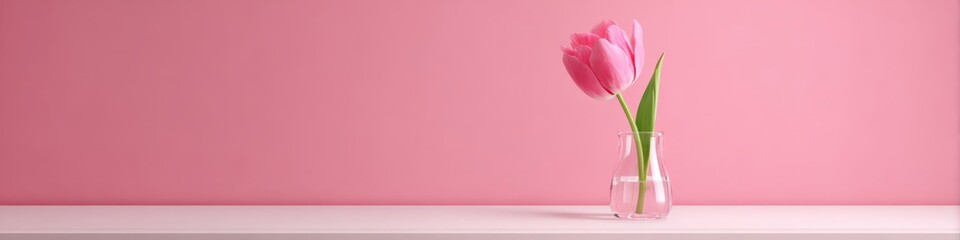 Single pink tulip in vase on pink background  