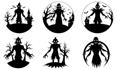 Halloween Tree Monster Silhouettes with Haunted House and Bats on White Background