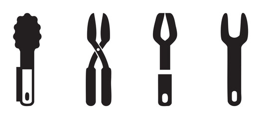 Tongs and various gripping tools are depicted as black silhouettes, illustrating different designs for holding and manipulating objects.