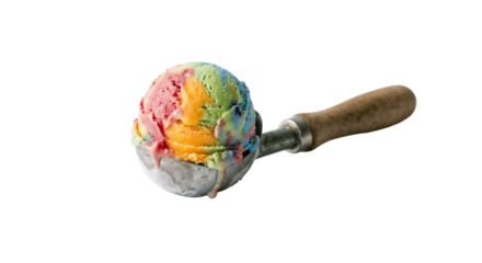 Colorful ice cream scoop with mixed flavors on a metal scoop in a bright setting