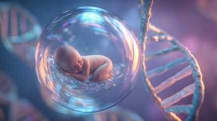 Conceptual 3D Render of a Fetus in a Protective Bubble with DNA Helix. Genetics, Life, and Biotechnology.