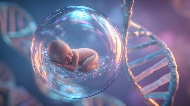 Conceptual 3D Render of a Fetus in a Protective Bubble with DNA Helix. Genetics, Life, and Biotechnology.