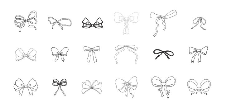 Thin ribbon bow accessory pink coquette set. Whimsical gift element vintage hand drawn for romantic invitation, birthday, card, wedding design