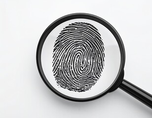 Magnifying glass over a black and white fingerprint on white