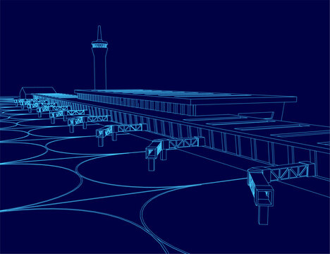 Architectural blueprint of a modern airport terminal, featuring a prominent control tower contour against a deep blue background.