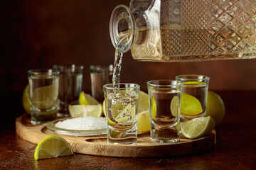 Gold tequila with salt and lime slices.