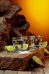 Tequila with salt and lime slices.