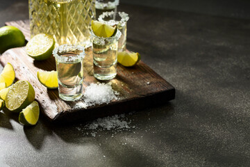 Tequila with sea salt and lime slices on a old cutting board.