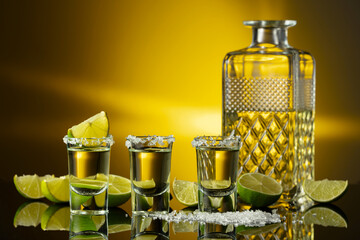 Tequila with sea salt and lime slices on a black reflective background.