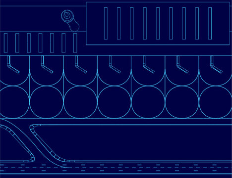 Detailed blueprint of a car engine compartment on blue background, highlighting pistons and valves with technical contour lines. This schematic is ideal for engineering or airport logistics. Top view