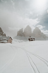Ski touring at Tre Cime di Lavaredo in winter, Dolomites, South Tyrol, Italy
