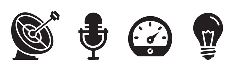 Satellite dish, microphone, gauge, light bulb icons representing communication, measurement, and innovative ideas in a simple, modern design.