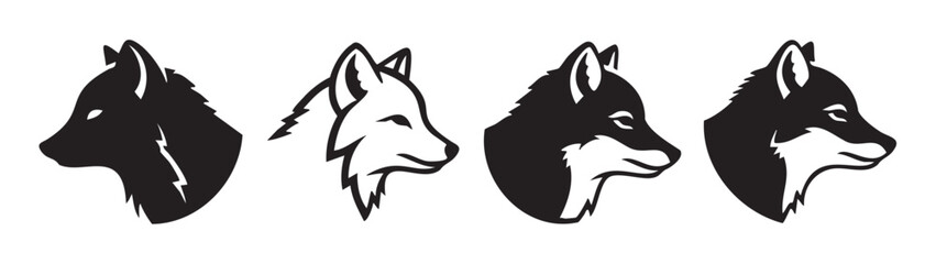 Obraz premium Four distinct graphic fox head profiles are presented in a horizontal arrangement, featuring both solid and outline minimalist illustration styles.