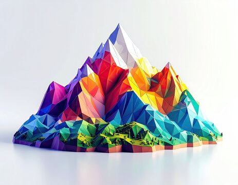 A vibrant, geometric mountain range with colorful faceted surfaces - Powered by Adobe