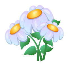 Colorful cartoon daisies with yellow centers and green leaves on white background