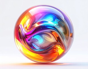 Abstract, iridescent sphere with swirling colors, against a light background