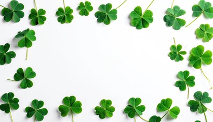 Green clover leaves frame a white background, creating an open space