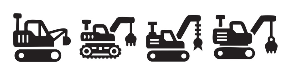 Obraz premium Four different excavators and heavy construction machinery icons are displayed in a simple black silhouette style, representing industrial equipment.