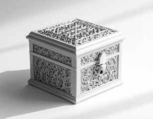 Ornate square chest, white with elaborate carvings, well-lit, angled view