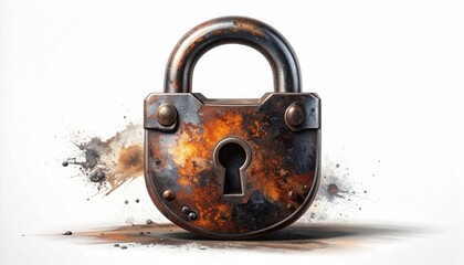A weathered, rusty padlock, against a white background with color splatters