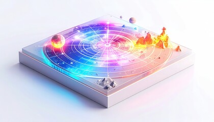 Isometric view of a glowing cosmic map with miniature landscapes