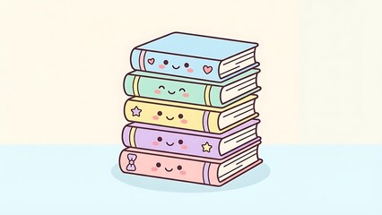 Adorable stack of five pastel colored kawaii books with cute smiling faces and simple decorative icons against a soft background
