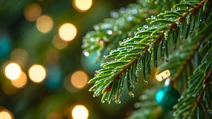 A close-up view of a frosted evergreen branch with blurred lights in the background.