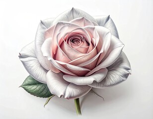 Pristine open-faced rose with white and blush petals on white background