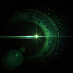 Intense, emerald-green light emanates from a central point amidst abstract shapes