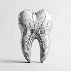 Detailed gray-scale rendering of a molar with visible vascular structures