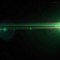 Vibrant green lens flares against a dark, grainy space