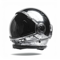 Shiny, futuristic helmet with reflective visor, floating against white