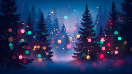 A serene winter forest landscape with colorful lights and trees under a dark blue night sky
