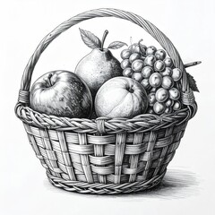 Pen and ink drawing of a basket filled with fruit, shadowed and textured